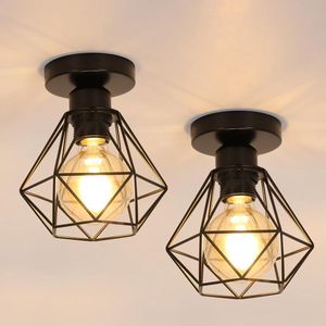 Goeco Plafondlamp - 18cm - Klein - E27 - 2 Pack - Retro Hanglamp - Metalen Kooi - Zwarte - Lamp Niet Inbegrepen