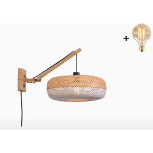 Wandlamp met Korte Arm - PALAWAN - Naturel Bamboe - Naturel/Witte Kap (40x15cm) - Met LED-lamp