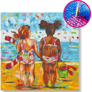 Op het strand | Diamond painting | 50x50cm | Ronde steentjes | Op frame gespannen | Vrolijk Schilderij | Corrie Leushuis