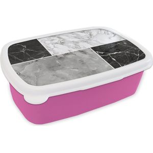 Broodtrommel Roze - Lunchbox - Brooddoos - Marmer - Wit - Zwart - Grijs - 18x12x6 cm - Kinderen - Meisje