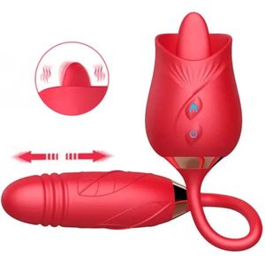 Licking Tong Roos Vibrator met Dildo - 10 Standen, Waterproof, Clitoris Vibrerend Speeltje - Licking Vibrator, Clitoral Suction Stimulator - Sex Toys Rood Vibrator voor Vrouwen - Likt en Stotend Dildo - Valentijn Bloem Vibrator