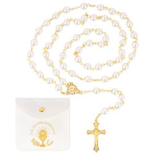 Rozenkrans halsketting voor dames en meisjes - gebedsketting voor communie en doop - lange ketting in roze en wit