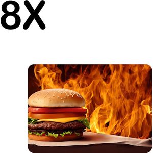 BWK Flexibele Placemat - Vlammende Hamburger - Set van 8 Placemats - 35x25 cm - PVC Doek - Afneembaar