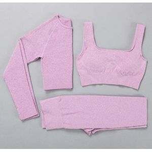Gymset - LIGHT RIBBED - Maat M - Lichtroze - 3delig - Sportkledingset - Sportset - Gymlegging en top - Fitness set - Fitness legging & top - Yoga set - Yogalegging en top