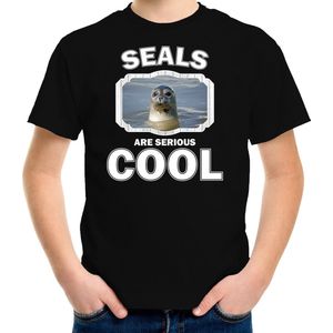 Dieren zeehonden t-shirt zwart kinderen - seals are serious cool shirt  jongens/ meisjes - cadeau shirt grijze zeehond/ zeehonden liefhebber - kinderkleding / kleding 134/140