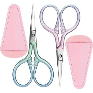 2 Pcs Stainless Steel Beard Scissors for Men - Professionele Eyebrow Scissors - Neus Haar Schaar met Tip voor Baard en Wimpers - PU Case - Gecombineerde Set (Blauw)