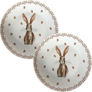 HAES DECO - Set van 2 Ontbijtborden - formaat Ø 20x2 cm - kleuren Bruin / Wit - Bedrukt Porselein - Collectie: Rustic Easter Bunny - Ontbijtbord, klein bord