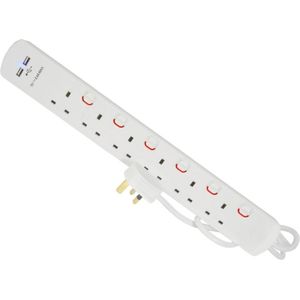 PL15644 2m 6-Voudige Stekkerdoos met 2 USB-Poorten en Overspanningsbeveiliging – Wit
