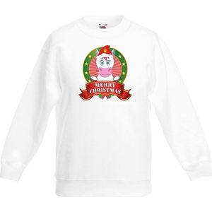 Kerst sweater / Kersttrui voor kinderen met eenhoorn print - wit - jongens en meisjes trui 152/164