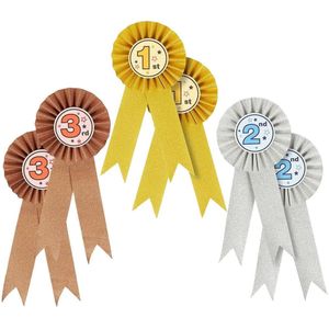 6-Pack Award Rozetten 1e tot 3e plaats, erkenningslinten voor wedstrijd, sport (goud, zilver, bronskleur)