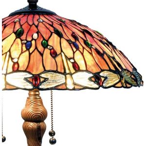 HAES DECO - Tiffany Tafellamp Ø 45x56 cm Rood Beige Glas Driehoek Libelle Tiffany Bureaulamp Tiffany Lampen Glas in Lood