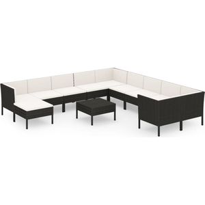 vidaXL Loungeset 12-delig zwart met crèmewitte kussens Loungeset - Tuinset - Buitentijnen - Garden Furniture - Loungebank