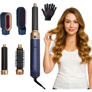 XANAA® - 5 in 1 multi styler Pro - Blauw met goud - Fohnborstel - 2025 editie - Multistyler - Föhn - Airstyler - Heteluchtborstel - Krulborstel - Hairstyler - krultang 5 in 1 - Hairwrap met 65.000 RPM met warmte tot 110 graden. Geschikt voor kapsalon