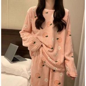 Dames Fleece Pyjama Set 2 Stuks - Warme Lange Mouwen & Elastische Taillebroek met Schattig Perzikkopprint - One Size - Comfortabele Pyjama voor Winter