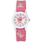 Q&Q V22A-012VY - Horloge - Sport - Analoog - Kinderen - Unisex - Plastic band - Rond - Kunststof - Cijfers - Beer - Stippen - Roze - Wit - Bruin - 10 ATM