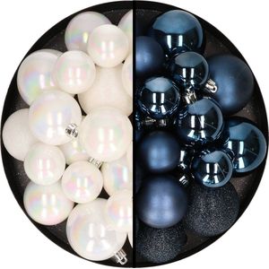 Kerstballen 60x stuks - mix parelmoer wit/donkerblauw - 4-5-6 cm - kunststof - kerstversiering