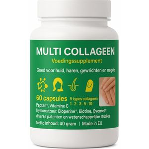 MULTI COLLAGEEN - 60 Capsules | Type 1, 2, 3, 5 & 10 | Huid, Haar, Nagels & Gewrichten - gepatenteerd collagen PEPTAN® + hyaluronzuur + vitamine C + Bioperine® + Ovomet® + biotine - verschillende patenten + klinische studies - dosis 1 maand