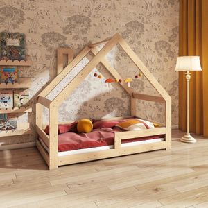 Need Sleep - Montessori Kinderbed Huisbed Peuterbed met Uitvalbescherming - Naturel Hout - 90x200 cm - met schoorsteen - symmetrisch