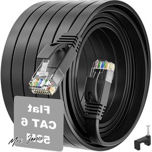 Mrs. Jones Ethernetkabel 50m Hoge Snelheid Internet Kabel Plat Zwart Lan Patchkabel Gigabit 1Gbps 250Mhz Rj45 Lang Netwerkkabel Ethernet Cable 50 Meter voor PS5 PS4 Switch Modem Router .