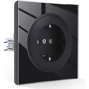 Enkele inbouwcontactdoos met klauwen - glazen Schuko-stopcontact met kinderbeveiliging - 16 ampère geaard contact wandcontactdoos - zwart