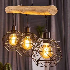 Mandee.nl - Houten hanglamp - Hanglampen - Babal hanglamp zwart, licht hout, 3-licht - Rechthoekige Houten Hanglamp - Plafondlamp