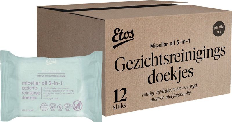 Etos Plasticvrije gezichtsreinigingsdoekjes 3-in-1 - Miccelar Oil - 12x25 stuks