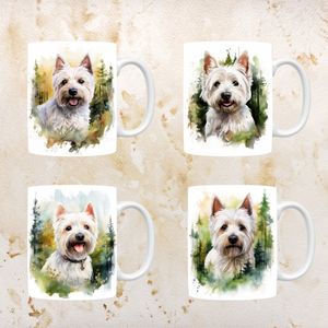 West Highland White Terriër mokken set van 4, servies voor hondenliefhebbers, hond, thee mok, beker, koffietas, koffie, cadeau, moeder, oma, pasen decoratie, kerst, verjaardag