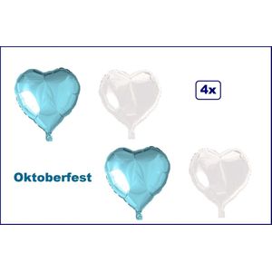 4x Folieballon Hart Oktoberfest (45 cm) - lichtblauw en wit - Apres ski huwelijk bruid hartjes ballon feest festival liefde white - Deze ballon wordt NIET standaard geleverd met helium of lucht.