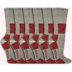Wandelsokken | 85% Merinowol | Gevoerd | Diverse maten | Kleur: Grijs Rood | 6 paar
