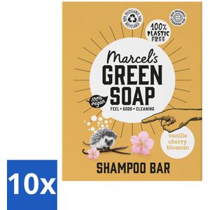 10 x Marcel's Green Soap - Shampoobar - Vanilla & Cherry Blossom - Versterkt & verzorgt - 90 gr - Shampoobar - Natuurlijke Shampoo - Sulfaatvrije Shampoo - Biologisch Afbreekbaar - Vegan Shampoo