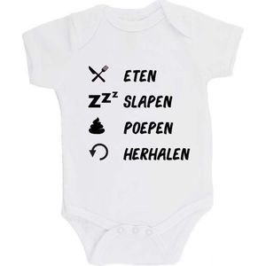 100% katoenen Romper bedrukt met grappige tekst Kado Cadeau Kraamkado Kraamcadeau ""Eten Slapen Poepen Herhalen Unisex Katoen Wit/zwart Maat 56/62
