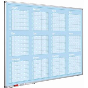 Whiteboard Deluxe - 60x120cm - Jan-Dec - Geëmailleerd staal - Weekplanner - Maandplanner - Jaarplanner - Magnetisch - Blauw - Engels