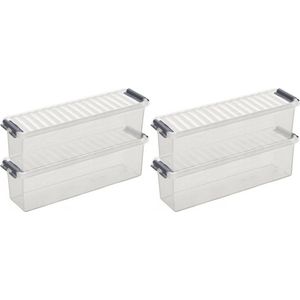 5x Sunware Q-Line opberg boxes/opbergdozen 1,3 liter 27 x 8,4 x 9 cm kunststof - Langwerpige/smalle opslagbox - Opbergbak kunststof transparant/zilver