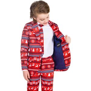 Suitmeister Kids Nordic Pixel Red - Jongens Pak - Kerst Kostuum - Rood - Maat: S