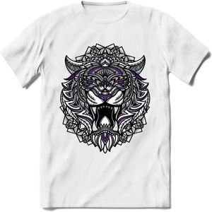 Tijger - Dieren Mandala T-Shirt | Paars | Grappig Verjaardag Zentangle Dierenkop Cadeau Shirt | Dames - Heren - Unisex | Wildlife Tshirt Kleding Kado | - Wit - M