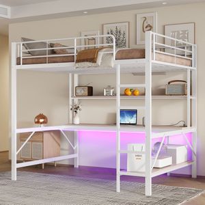 Sweiko Hoogslaper - 140*200 cm - Met USB-aansluiting - LED verlichting - Bureau + opbergplank - Zonder matras - Metalen bed - Wit