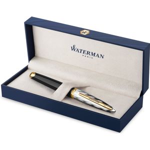 Waterman Carene vulpen | metaal en zwarte lak met gouden detail en gebeitelde dop | 18K gouden medium penpunt | met Geschenkdoos