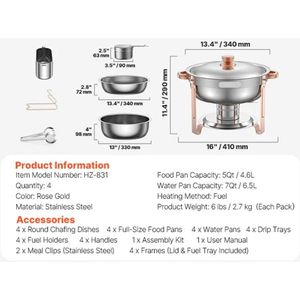 Chafing Dish - Warmhoudplaat - Buffetwarmer Set - Rechaud - RVS - Volformaat Buffet Warmhoudpannen - voor Feesten & Banketten - Set van 4 - Roségoud