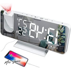 Mrs. Jones Projectiewekker voor het nachtkastje - digitale klok - 180 graden draaibare projector - 4-traps helderheidsdimmer - digitale wekkerradio - temperatuur-hygrometer .