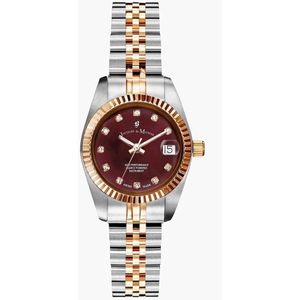 Jacques du Manoir Dames Horloge NRO.44 Staal Bi-color Rosé met Burgundy Wijzerplaat en Zirkonia 26mm