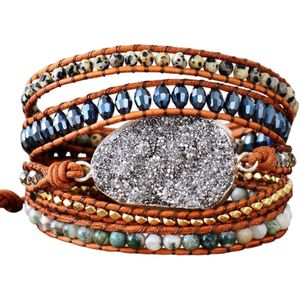 Marama - wikkelarmband Druzy Grey - leer - edelsteen agaat - dames armband - 82.5 cm - cadeautje voor haar