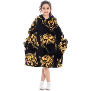 Tijgerkop fleece hoodie deken met mouwen kind – fleece poncho kind – plaid met mouwen - kids 8/12 jaar – maat 134/158 – lengte 75 cm - chillen – Warm & zacht – relax outfit kids – zwart - Badrock