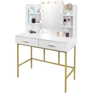 CozyLiving Stijlvolle Witte Kaptafel met Gouden frame - Luxe Make up Tafel - Eenvoudige Montage, Verstelbare LED Verlichting en Ruime Opbergruimte! - Creëer Jouw Perfecte Make-up Hoekje