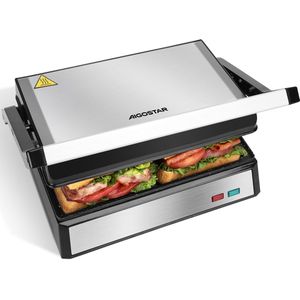 Aigostar Hett Contactgrill - Panini Grill met Antiaanbaklaag - voor 2 personen - Verticaal opbergbaar -1500W - RVS/Zwart