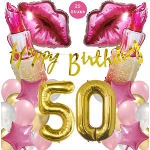 Snoes Mega Beauty Helium Ballonnen Set 50 Jaar - Roze Helium Folieballonnen - Slinger Happy Birthday Goud