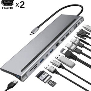 VEXON - Cablehub Pro - Multifunctionele 12-in-1 USB-C Hub Adapter - USB C Docking Station met Dual HDMI - USB 3.0 Hub - 3,5mm Jack - 1000MB LAN, SD & Micro SD Kaart Slot - 2 x HDMI - 100W Power Delivery en VGA-poort - Spacegrey