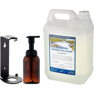 Zeepdispenser 300 ml amber bruin hervulbaar + 5 liter Shampoo No Scent No Colour navulling (inclusief beugel)