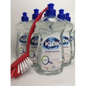 Klok - Afwasmiddel - 500 ml - Extra Care - ECO - 0% parfum - 0% Kleurstof - Huidvriendelijk - Voordeelset 6 x 500 ml + Gratis Afwasborstel !!