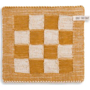 Knit Factory Gebreide Pannenlap Block - Pannenlappen gemaakt van 50% katoen & 50% acryl - Blokken motief - Traditionele look - 1 stuk - Ecru/Oker - 23x23 cm