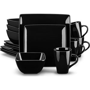 Porseleinen vierkante dinerset zwart, 16-delig servies voor 4 personen met dinerborden, dessertborden, kommen en mokken